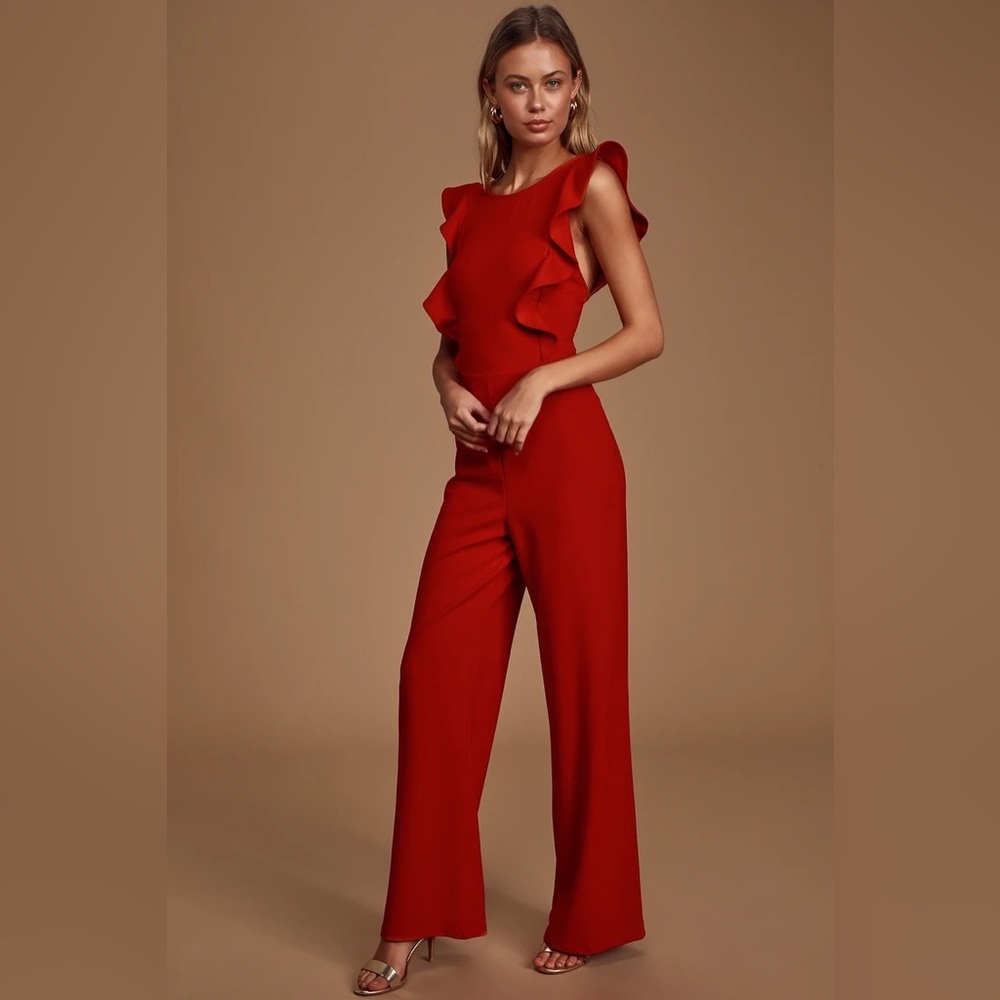 Lulu’s Feel Your Love Ruffled Wide-Leg Jumpsuit- Red
